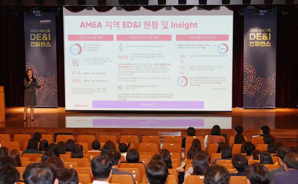 17일 오후 서울 광화문 교보생명 본사에서 열린 '2023 DE&I 컨퍼런스'에서 이주원 켈로그 상무가 '모두를 위한 식탁'을 주제로 강연을 하고 있다. 사진=교보생명