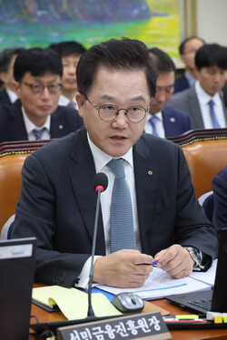 강석훈 한국산업은행 회장이 24일 국회 정무위원회에서 열린 예금보험공사, 한국산업은행 등에 대한 국정감사에서 의원 질의에 답변하고 있다. 사진=연합뉴스