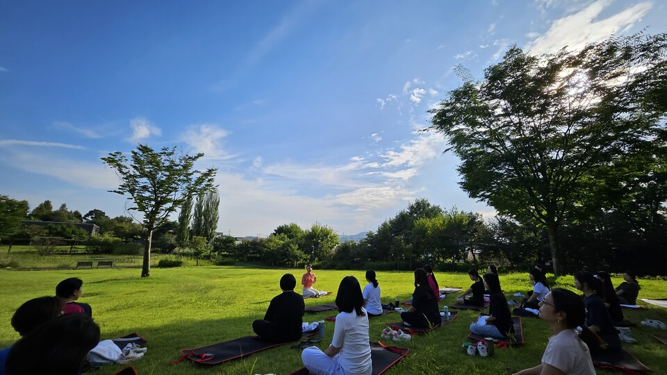 힐링 북스테이에 참여한 직원들이 야외 힐링 요가 프로그램에 참여 중이다. 사진=삼성화재