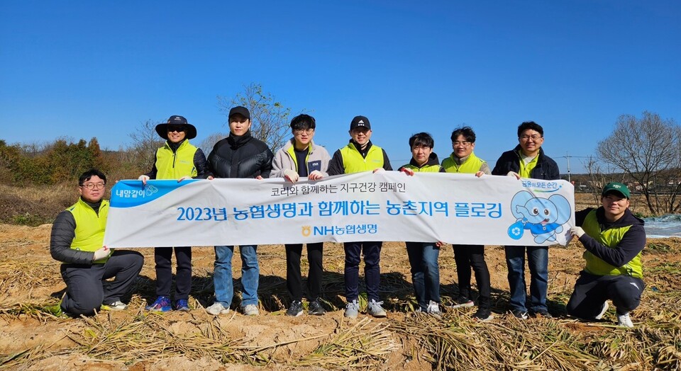 11월 10일 경기도 여주시에서 열린 NH농협생명 농촌지역 플로깅에 참여한 임직원들이 함께 기념촬영을 하고 있다. 사진=NH농협생명