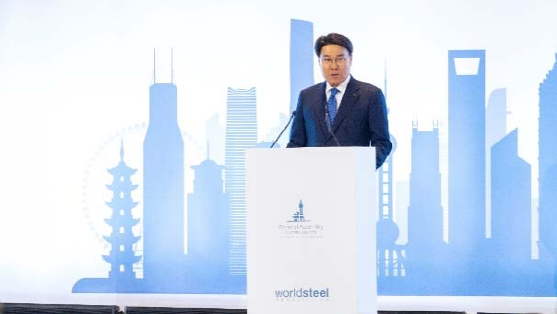최정우 세계철강협회장이 지난 10월 세계철강협회 총회에서 기조연설을 하고 있다. 사진=포스코홀딩스