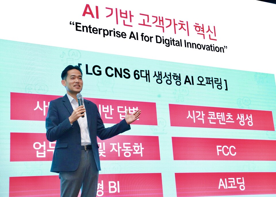 LG CNS D&A사업부 AI센터장 진요한 상무가 6대 생성형 AI 오퍼링에 대해 소개하고 있다. 사진=LG CNS