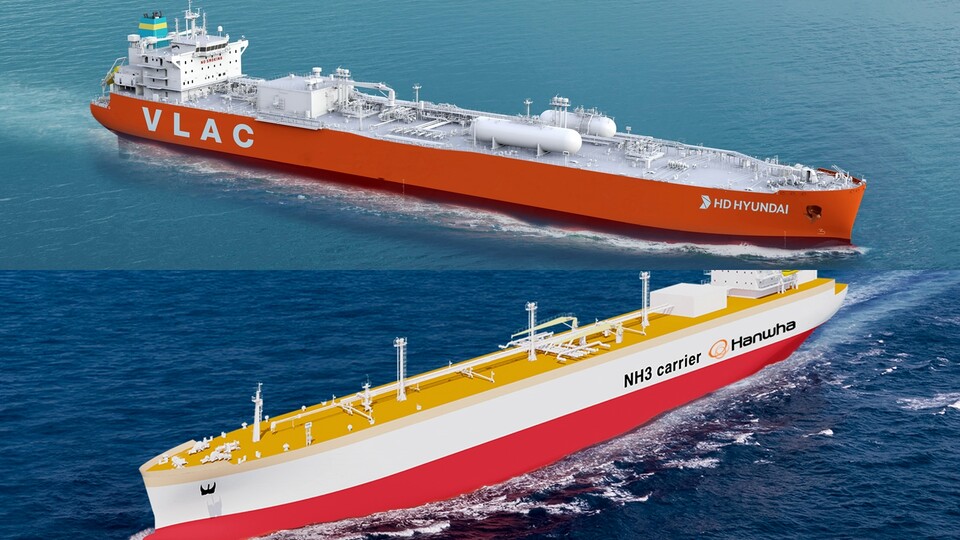 HD한국조선해양의 암모니아 운반선 조감도(위)와 한화오션의 암모니아 운반선 조감도(아래). 사진=각사