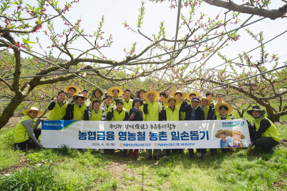 이석준 농협금융지주 회장(앞줄 오른쪽에서 네 번째), 김익수 전략기획부문 부사장(앞줄 오른쪽에서 세 번째), 홍순옥 NH농협은행 세종본부장(앞줄 오른쪽에서 여섯 번째)과 봉사단원들이 기념촬영을 하고 있다. 사진=NH농협금융그룹