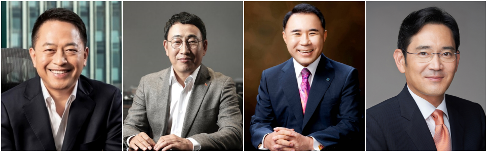 (왼쪽부터) 최윤호 삼성SDI 사장, 유영상 SK텔레콤 사장, 윤홍근 제너시스BBQ 회장, 이재용 삼성전자 회장.