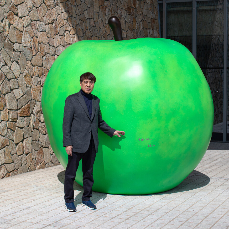 일본 건축가 안도 다다오의 ‘청춘의 사과’는 청사과처럼 푸르고 무르익지 않는 도전 정신으로 가득 찬 인간과 사회를 꿈꾸는 작가 본인의 소망을 녹인 작품이다. 9개의 에디션으로 제작됐으며, 첫 작품은 일본 효고현 고베시 효고 현립미술관에, 두 번째 작품은 일본 오사카부 오사카시 나카노시마 아동도서관에 영구 설치됐다. 뮤지엄산에 있는 높이 3미터(m)의 이 ‘사과’는 2023년 미술관에서 개최된 개인전 ‘청춘’을 계기로 제작됐다. 그해 3월 뮤지엄산에서 열린 건축 강연회 ‘꿈을 걸고 달려라’를 진행한 안도 다다오가 본인 작 ‘청춘의 사과’ 앞에서 포즈를 취하고 있다. 사진=뮤지엄산