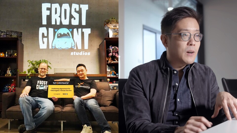 (왼쪽) 팀 모튼 프로스트 자이언트 스튜디오 대표와 김상구 카카오게임즈 사업 본부장이 퍼블리싱 계약 체결 후 기념사진을 촬영하고 있는 모습. (오른쪽) 데이비드 킴 언캡드게임즈 수석 게임 디렉터가 발언하고 있다. 사진=카카오게임즈·언캡드게임즈 유튜브 캡처