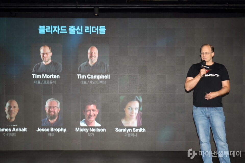 팀 모튼(Tim Morten) 프로스트 자이언트 스튜디오 대표이사가 18일 서울 모처에서 열린 ‘스톰게이트’ 기자 간담회에서 말하고 있다. 사진=채승혁 기자