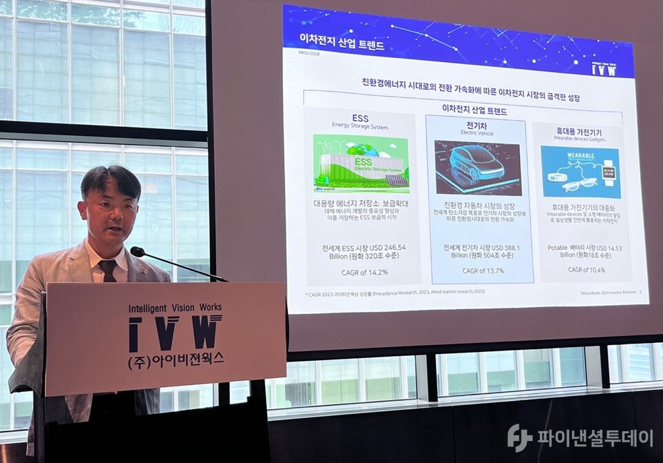 길기재 아이비젼웍스 대표이사가 4일 서울 영등포구 콘래드 호텔에서 열린 ‘아이비젼웍스-하나금융24호스팩 합병 기자간담회’에서 이 같은 포부와 함께 상장 후 성장 계획 등에 대해 발표하고 있다. 사진=조송원 기자