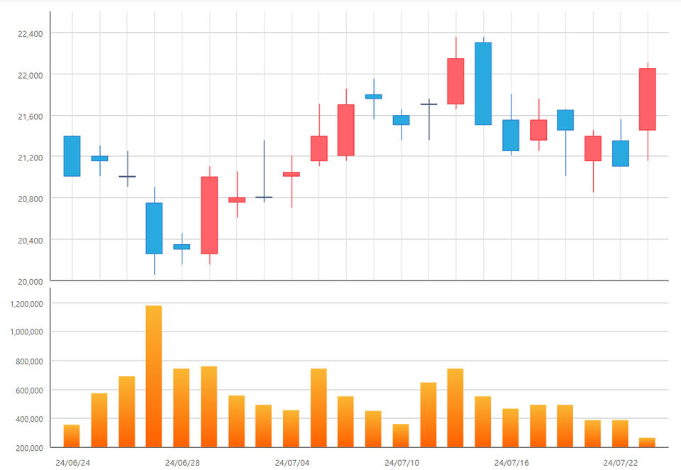 카카오뱅크의 최근 1개월간 캔들 차트. 차트=한국거래소 정보데이터시스템