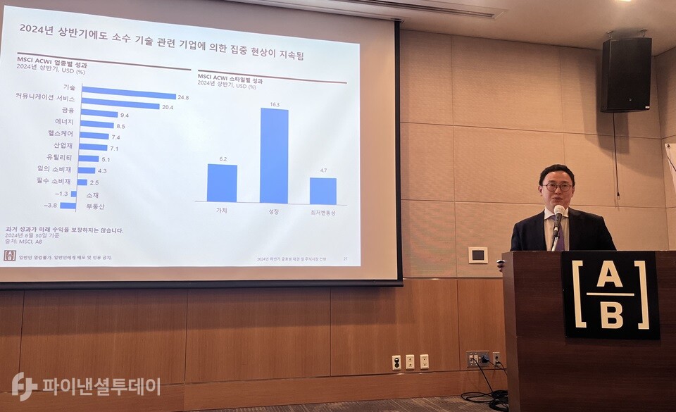 이재욱 선임 포트폴리오 매니저가 31일 서울 영등포구 전경련회관(FKI 타워)에서 열린 ‘하반기 글로벌 시장 전망 기자간담회’에서 하반기 글로벌 주식시장 전망 등에 대해 발표하고 있다. 사진=조송원 기자