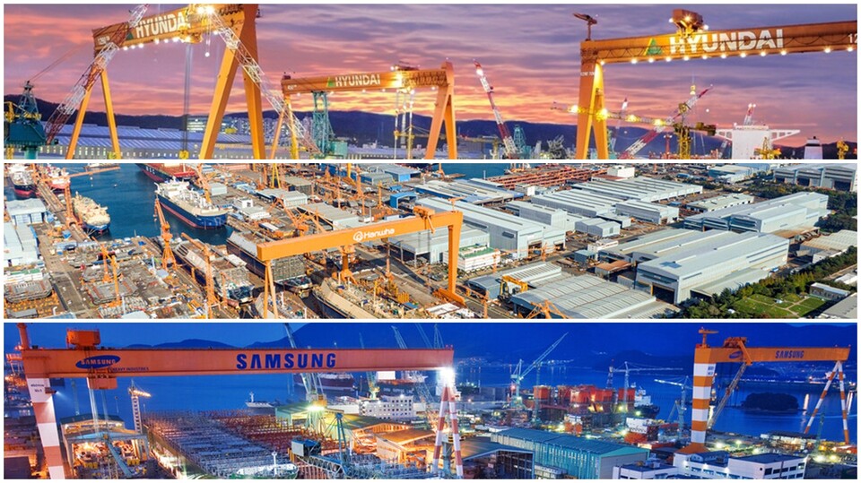 위부터 HD현대중공업 울산조선소, 한화오션 옥포조선소, 삼성중공업 거제조선소 전경. 사진=각사