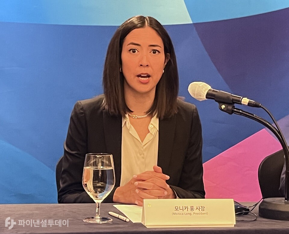 모니카 롱 리플 사장이 3일 서울 강남구에 있는 그랜드 인터컨티넨탈 서울 파르나스에서 열린 기자간담회(IPO)에서 발표하고 있다. 사진=조송원 기자