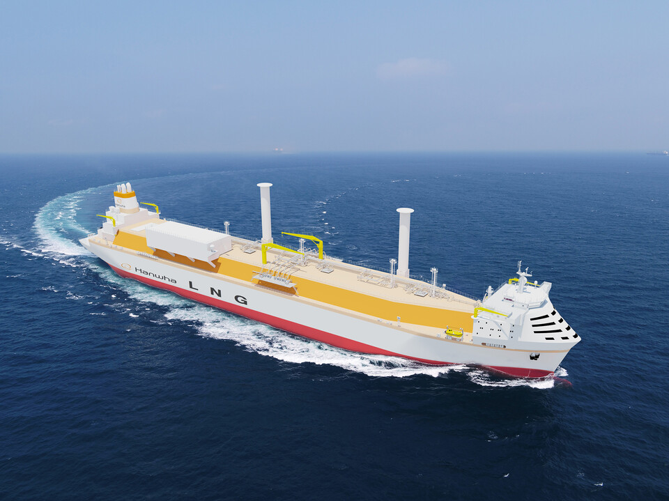 한화오션이 개발한 암모니아 가스터빈 추진 LNG운반선 조감도