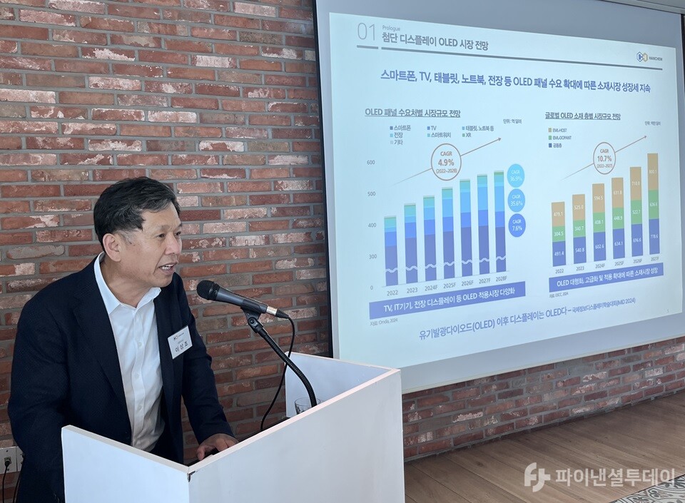 26일 이상조 한켐 대표이사가 서울 영등포구 전경련회관에서 열린 기자간담회(IPO)에서 발표하고 있다. 사진=조송원 기자