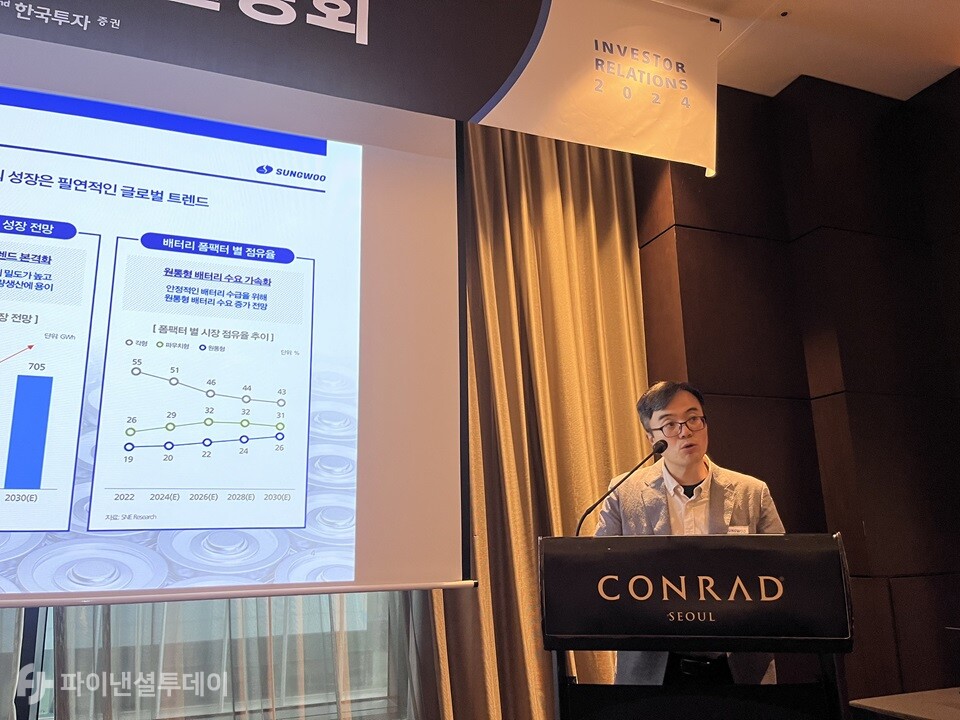 박종헌 성우 대표이사가 서울 영등포구 콘래드호텔에서 열린 기자간담회(IPO)에서 발표하고 있다. 사진=조송원 기자