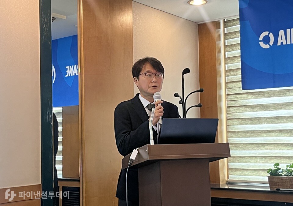 21일 하성용 에어레인 대표이사가 서울 영등포구 홍우빌딩에서 열린 기자간담회(IPO)에서 발표하고 있다. 사진=조송원 기자