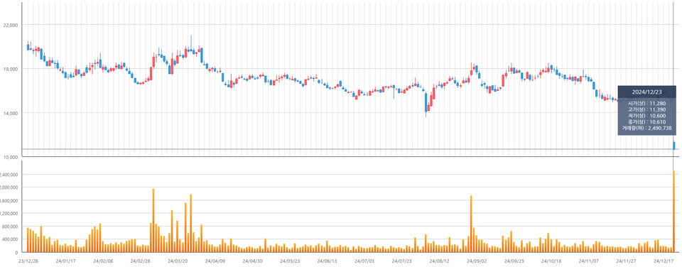 2024년 12월 23일 기준 코스닥 상장사 차바이오텍의 1년 주가 추이. 차트=한국거래소 정보데이터시스템