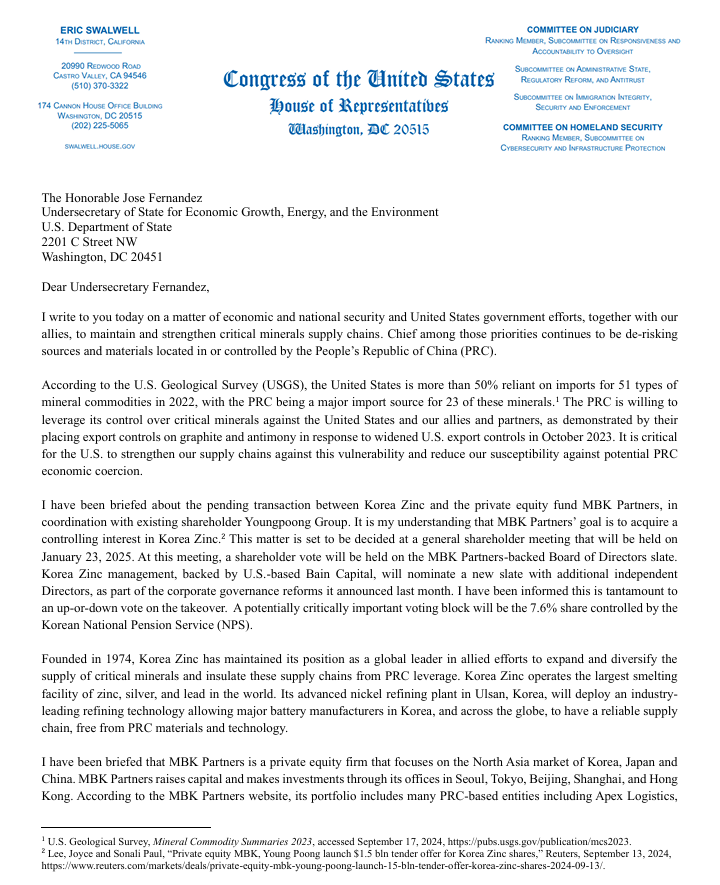 미국 의회 내에서 핵심광물을 다루는 의원협의체인 ‘핵심광물협의체(Critical Materials Caucus)’의 공동의장인 에릭스왈웰(Eric Swalwell) 의원이 미 국무부 호세 페르난데스(Jose Fernandez) 차관에게 공식 서한을 보내고 고려아연 사태에 대한 우려를 표명했다. 사진=고려아연