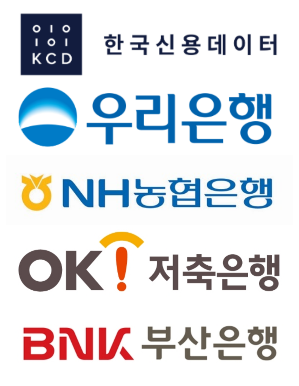 한국신용데이터(KCD)와 한국소호은행(KSB) 컨소시엄에 참여하는 우리은행, NH농협은행, OK저축은행, BNK부산은행 로고. 사진=각 사