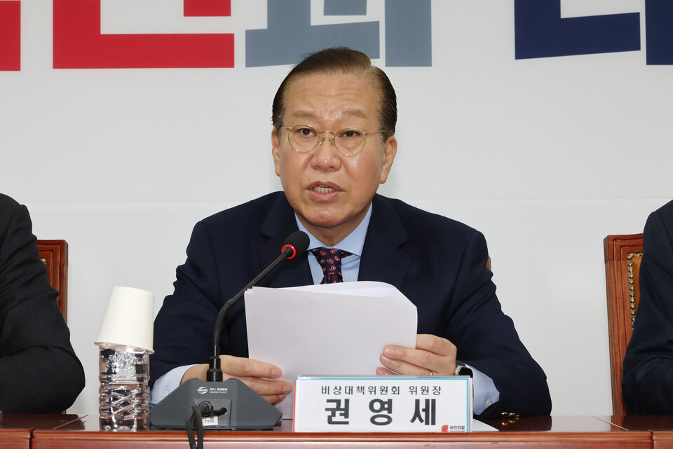권영세 국민의힘 비상대책위원장이 13일 서울 여의도 국회에서 열린 비상대책위원 회의에서 발언하고 있다. 사진=연합뉴스