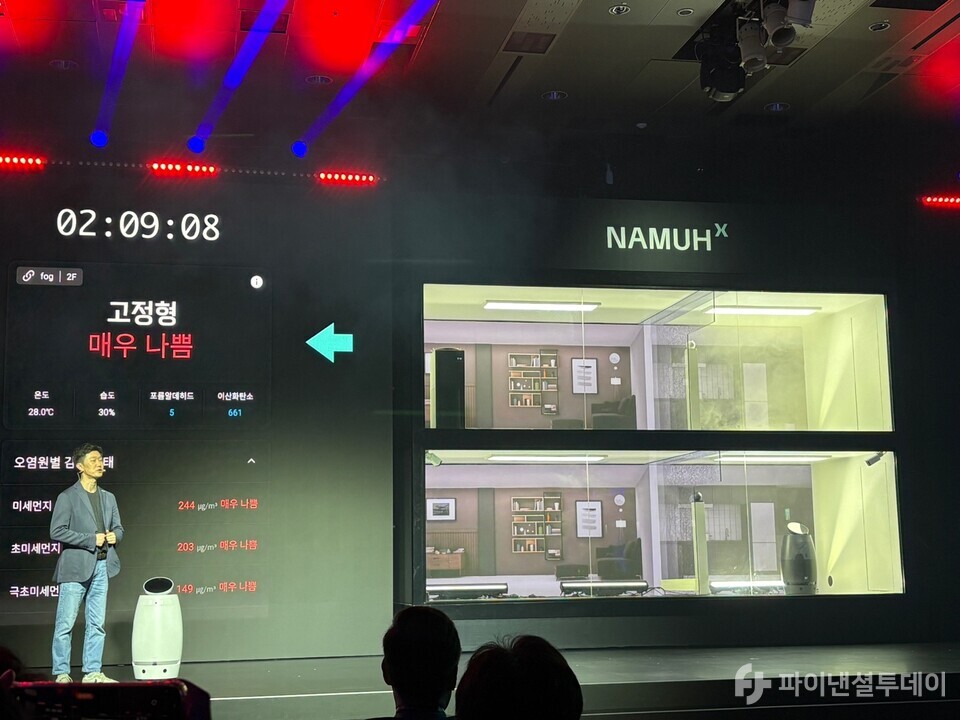 현장에서는 똑같은 공간을 두고 웰니스 로봇 1대와 일반 공기청정기로 비교 실험을 진행했다. 사진=허서우 기자