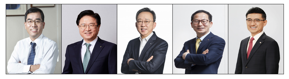 (왼쪽부터) 강신호 CJ제일제당 부회장, 조욱제 유한양행 사장, 정상혁 신한은행장, 양종희 KB금융지주 회장, 김미섭 미래에셋증권 부회장.