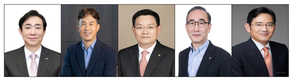 (왼쪽부터) 조대규 교보생명 사장, 곽노정 SK하이닉스 사장, 손재일 한화에어로스페이스 사장, 김영섭 KT 사장, 이재용 삼성전자 회장.
