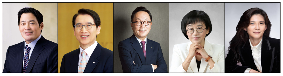(왼쪽부터) 정용진 신세계 회장, 신창재 교보생명 회장, 박현주 미래에셋 회장, 김선희 매일유업 부회장, 이부진 호텔신라 사장.