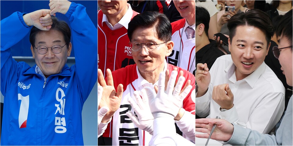 14일 더불어민주당 이재명 대선 후보(사진 왼쪽부터)가 부산진구 서면에서, 국민의힘 김문수 대선 후보가 경남 진주시 진주광미사거리에서, 개혁신당 이준석 대선 후보가 부산 금정구 부산대학교에서 시민들과 소통하고 있다. 사진=연합뉴스