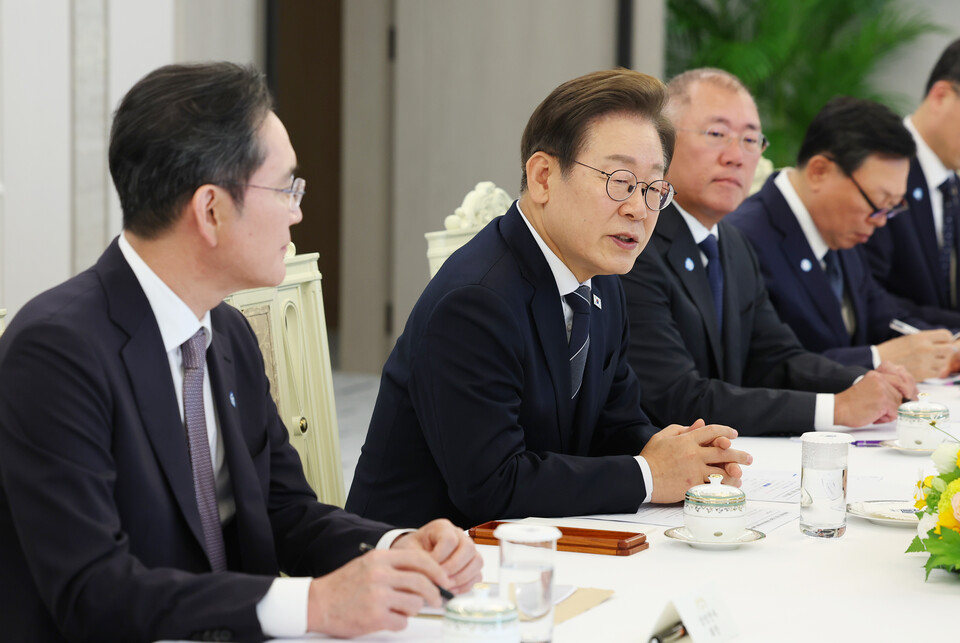 이재명 대통령이 13일 서울 용산 대통령실에서 열린 6경제단체·기업인 간담회에서 발언하고 있다. 사진=연합뉴스