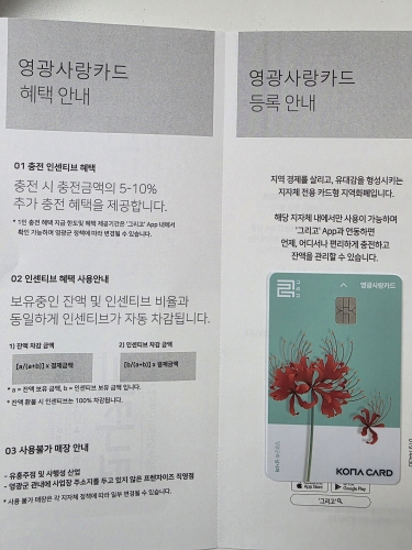 기자가 발급받은 영광사랑카드. ‘영광불갑산상사화축제’의 붉은 상사화 문양이 새겨있다. 사진=신용수 기자