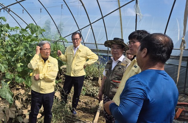 김병수 조합감사위원장(왼쪽)이 10일 집중호우로 침수피해를 입은 전북 군산 지역을 찾아 현황을 점검하고 있다. 사진=농협중앙회