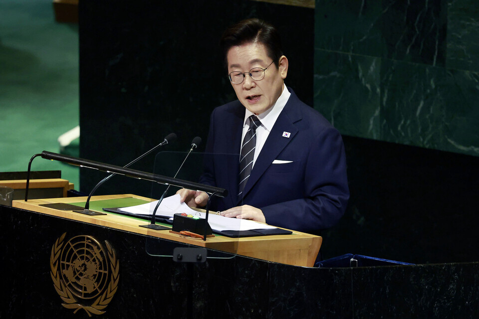 이재명 대통령이 23일(현지시간) 미국 뉴욕 유엔본부 총회장에서 기조연설을 하고 있다. 사진=연합뉴스
