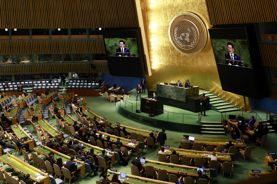 이재명 대통령이 23일(현지시간) 미국 뉴욕 유엔본부 총회장에서 기조연설을 하고 있다. 사진=연합뉴스
