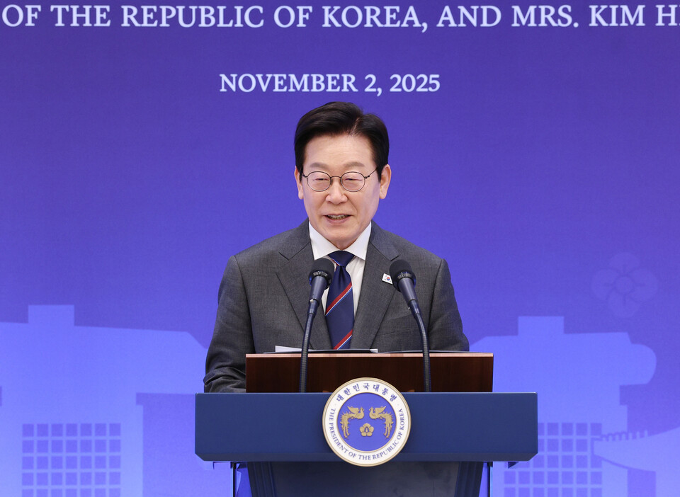 이재명 대통령이 2일 용산 대통령실에서 열린 한-싱가포르 공식오찬에서 발언하고 있다. 사진=연합뉴스