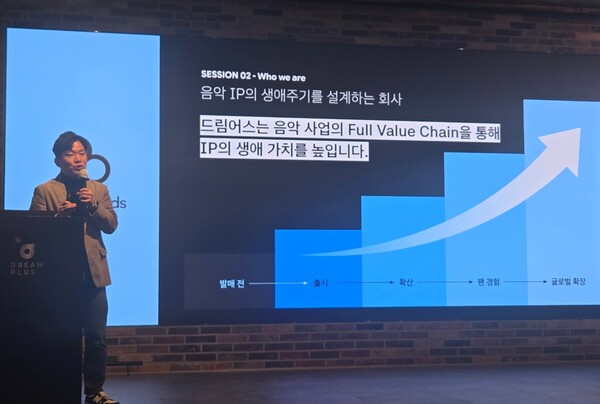 이기영 드림어스컴퍼니 대표가 23일 서울 강남구 드림플러스에서 열린 비마이프렌즈-드림어스컴퍼니 기자간담회에서 사업 비전을 설명하고 있다.  사진=정유라 기자